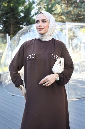 BURİSLA TESETTÜR PARİSYA TAŞLI İKİLİ TAKIM KAHVERENGİ