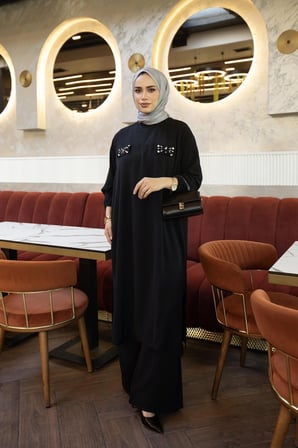 BURİSLA TESETTÜR PARİSYA TAŞLI İKİLİ TAKIM SİYAH