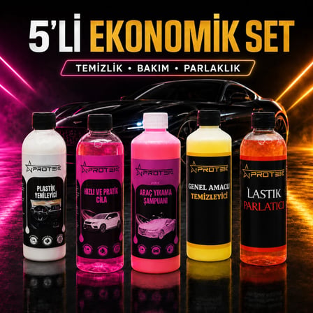 5’li Ekonomik Araç Bakım ve Temizlik Seti – Şampuan, Hızlı Cila, Plastik Yenileyici, Genel Temizleyici ve Lastik Parlatıcı