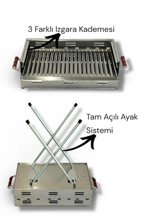 Paslanmaz Çelikten Katlanır Ayaklı ve 3 Kademeli Mangal 60x35x70cm Çantalı