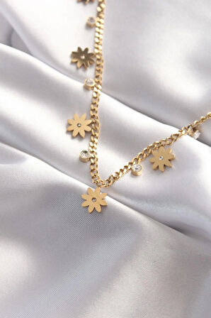 316L Çelik Taşlı Gold Renk Çoklu Çiçek Kolye  - PRT3500EB01257