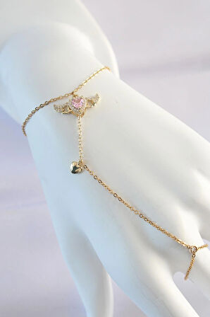316L Çelik Gold Renk Pembe Zirkon Taşlı Kanatlı Kalp Model Şahmeran