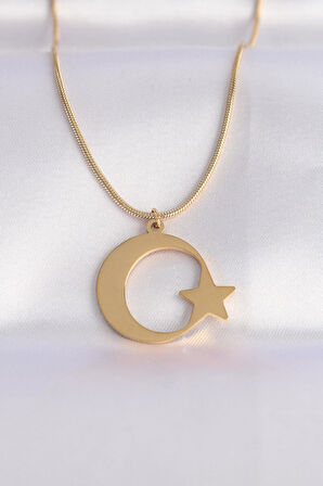 316L Çelik Zincir Gold Renk Ay Yıldız Unisex Kolye  - PRT3500EB01492