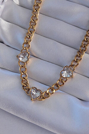 316L Çelik Gold Renk Zirkon Taşlı Kalp Model Zincir Kolye  - PRT3500EB01884