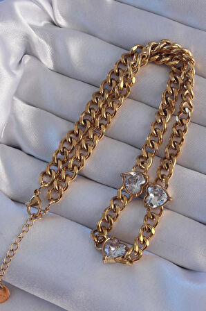 316L Çelik Gold Renk Zirkon Taşlı Kalp Model Zincir Kolye  - PRT3500EB01884