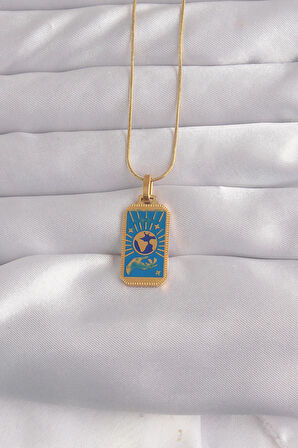 316L Çelik Gold Renk Mavi Mineli El Figür Tarot Kolye  - PRT3500EB02147