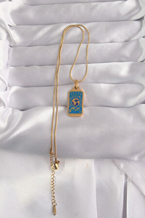 316L Çelik Gold Renk Mavi Mineli El Figür Tarot Kolye  - PRT3500EB02147
