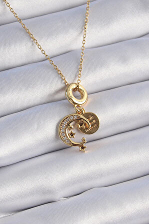 316L Çelik Gold Renk Zirkon Taşlı Ay Yıldız  Model Charm Model Kadın Kolye  - PRT3500EB02455