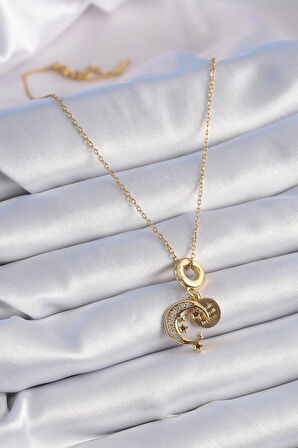 316L Çelik Gold Renk Zirkon Taşlı Ay Yıldız  Model Charm Model Kadın Kolye  - PRT3500EB02455