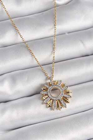 316L Çelik Gold Renk Zincir Zirkon Taşlı Mix Renk Güneş Model Kadın Kolye  - PRT3500EB02818