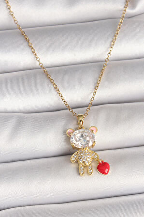 316L Çelik Gold Renk Zincir Zirkon Taşlı Ayıcık Model Kırmızı Kalp Detay Kadın Kolye  - PRT3500EB04542