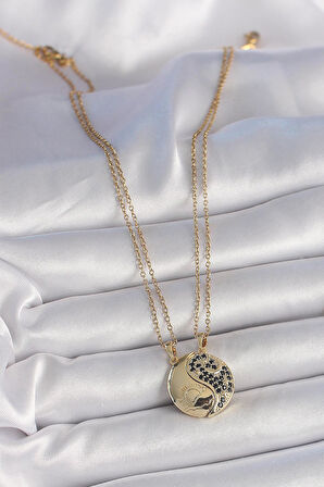 316L Çelik Gold Renk Zincir Zirkon Taşlı Ying Yang Model Gün Batımı İşlemeli Arkadaşlık Kadın Kolye  - PRT3500EB05434