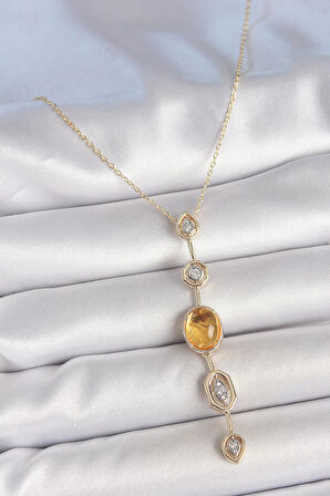 Pirinç Zincir Kehribar Sarı Gold Renk  Zirkon Taşlı Y Kolye  - PRT3500EB06165