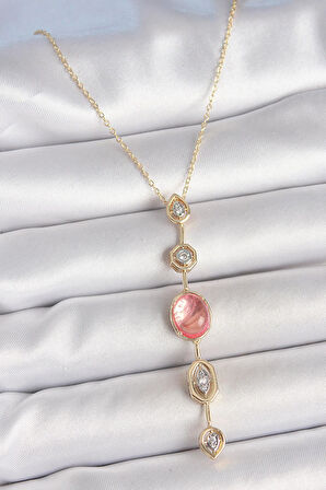 Pirinç Zincir Pembe Gold Renk Zirkon Taşlı Y Kolye  - PRT3500EB06166