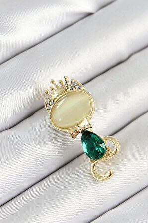 Yeşil Damla Zirkon Taşlı Kraliçe Taçlı Kedi Figürlü Gold Renk Kadın Broş * PRT3500EB06340