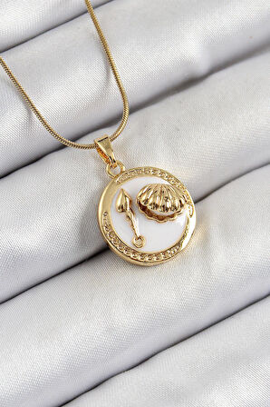 316L Çelik Zincir Beyaz Mineli Sanatsal Portre İstiridye Model Gold Renk Kadın Kolye  - PRT3500EB06422