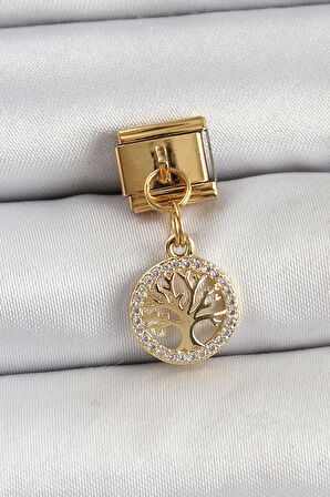 316L Çelik Sallantılı Zirkon Taşlı Hayat Ağacı Model Gold Renk Nomination Charm