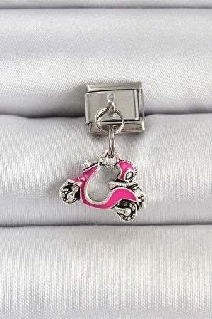 316L Çelik Gümüş Renk Pembe Scooter Model Nomination Charm