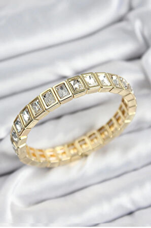 Pirinç Zirkon Taşlı Dikdörtgen Model Gold Renk Lastikli Kadın Bileklik * PRT3500EB07625