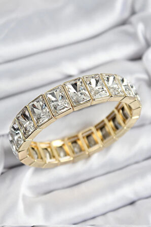 Pirinç Zirkon Taşlı Büyük Dikdörtgen Model Gold Renk Lastikli Kadın Bileklik * PRT3500EB07633