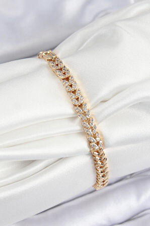 Pirinç Zirkon Taşlı Sıralı Yaprak Model Gold Renk Kadın Bileklik * PRT3500EB07664