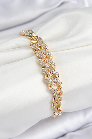 Pirinç Zirkon Taşlı Küba Zincir Model Gold Renk Kadın Bileklik * PRT3500EB07666