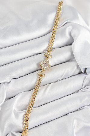 Pirinç Zirkon Taşlı Yonca Model Gold Renk Kadın Bileklik * PRT3500EB07670