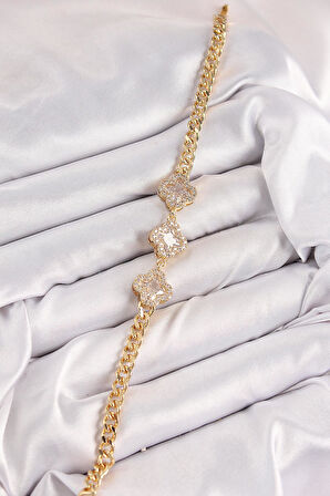 Pirinç Zirkon Taşlı Yonca Model Gold Renk Kadın Bileklik * PRT3500EB07678