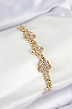 Pirinç Zirkon Taşlı Yonca Model Gold Renk Kadın Bileklik * PRT3500EB07680