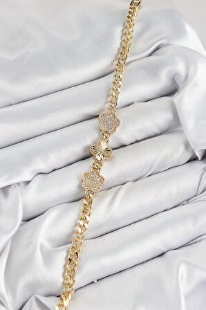 Pirinç Zirkon Taşlı Yonca Model Gold Renk Kadın Bileklik * PRT3500EB07680