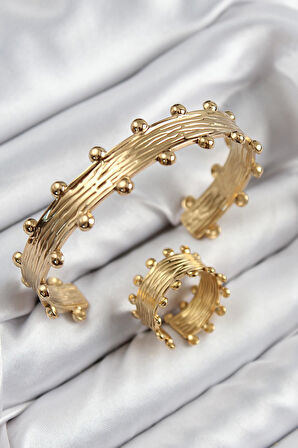 Pirinç Topcuk Model Gold Renk Bileklik Yüzük Set  - PRT3500EB08013