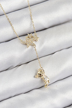 Pirinç Zirkon Taşlı Sallantılı Ayıcıklı Yıldız Model Gold Renk Kadın Kolye  - PRT3500EB08152
