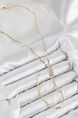 Pirinç Zirkon Taşlı Ezme Zincirli Model Gold Renk Y Kolye  - PRT3500EB08344
