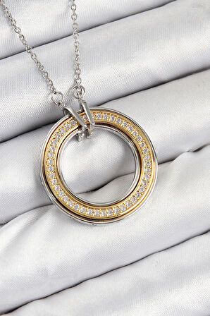 316L Çelik Zirkon Taşlı Dönen Daire Model Gold Ve Gümüş Renk Kadın Kolye - PRT3500EB08529