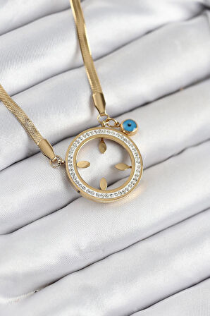 316L Çelik Zirkon Taşlı Çeyrek Takılabilir Gold Renk Kadın Kolye - PRT3500EB08688