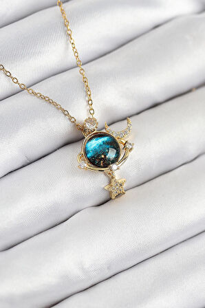 316L Çelik Zirkon Taşlı Gezegen Model Gold Renk Kadın Kolye - PRT3500EB08689