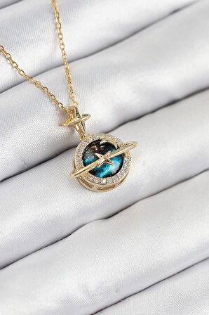 316L Çelik Zirkon Taşlı Gezegen Model Gold Renk Kadın Kolye - PRT3500EB08690