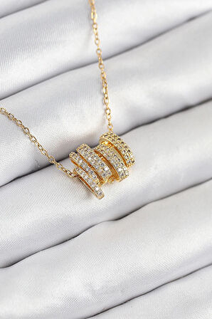 316L Çelik Zirkon Taşlı Sarmal Model Gold Renk Kadın Kolye - PRT3500EB08694