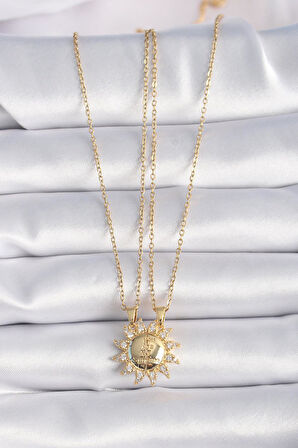 316L Çelik Gold Renk Zirkon Taşlı Güneş Model İşleme Yazı Detay Arkadaş Kolyesi - PRT3500EB08740