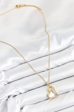 316L Çelik Zirkon Taşlı Kalp Model Gold Renk Kadın Kolye - PRT3500EB08755