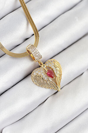316L Çelik Zirkon Taşlı Kanatlı Kalp Model Gold Renk Kadın Kolye - PRT3500EB08765