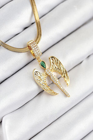 316L Çelik Zirkon Taşlı Melek Model Gold Renk Kadın Kolye - PRT3500EB08766