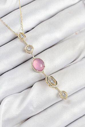Pirinç Zincir Pembe Gold Renk Zirkon Taşlı Y Kolye - PRT3500EB08843