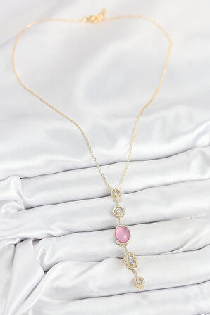 Pirinç Zincir Pembe Gold Renk Zirkon Taşlı Y Kolye - PRT3500EB08843