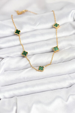 316L Çelik Zincir Gold Renk Yeşil Baby Boy Yonca Kadın Kolye - PRT3500EB08925