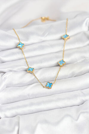 316L Çelik Zincir Gold Renk Buz Mavisi Baby Boy Yonca Kadın Kolye - PRT3500EB08926