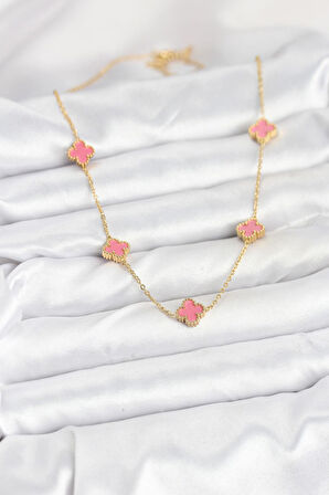 316L Çelik Zincir Gold Renk Pembe Baby Boy Yonca Kadın Kolye - PRT3500EB08927