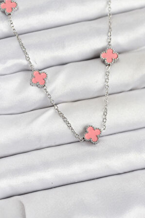 316L Çelik Zincir Gümüş Renk Pembe Baby Boy Yonca Kadın Kolye - PRT3500EB08934