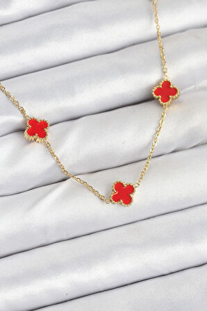 316L Çelik Zincir Gold Renk Kırmızı Baby Boy Yonca Kadın Kolye - PRT3500EB08935