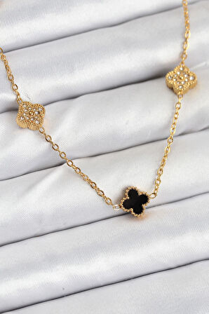 316L Çelik Zincir Gold Renk Siyah ve Zirkon Taşlı Baby Boy Yonca Kadın Kolye - PRT3500EB08947